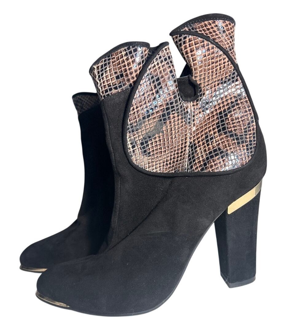 GERONEA Black Suede Ankle Boots Size 37 Snake Skin Ruffle Plush Fleece Lined
